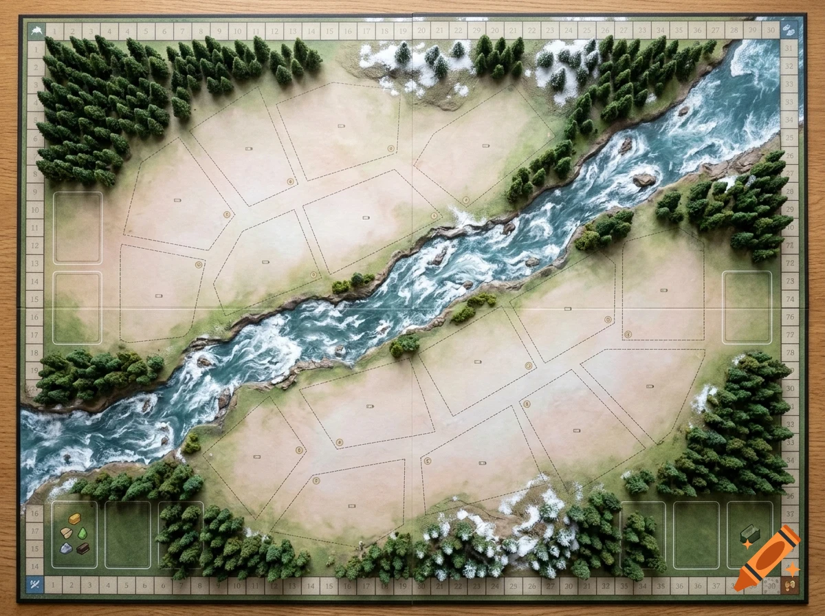 An overhead view of a detailed tabletop board game featuring a winding river, dense pine forests, and segmented plots.