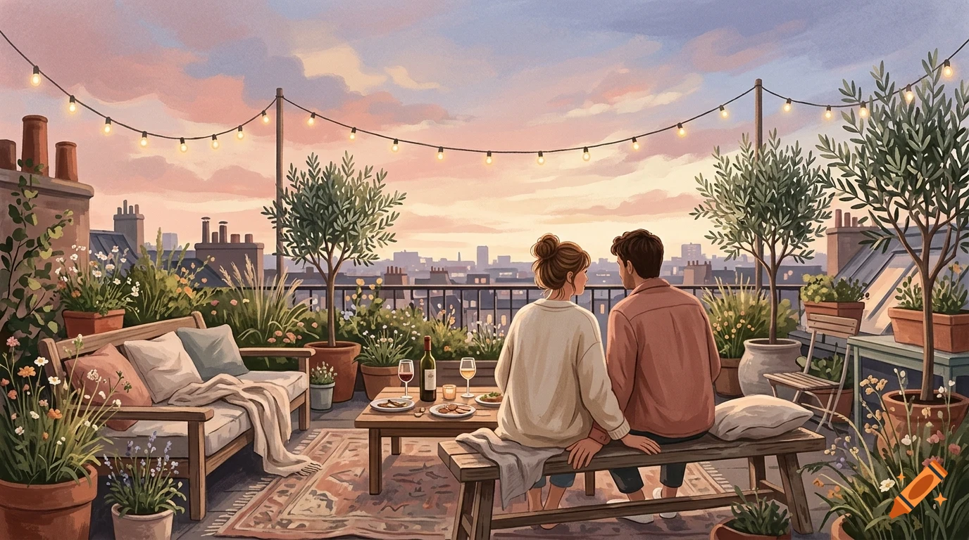 A couple sits closely on a rooftop terrace at sunset, surrounded by potted plants, fairy lights, and a cityscape view under a soft pastel sky.