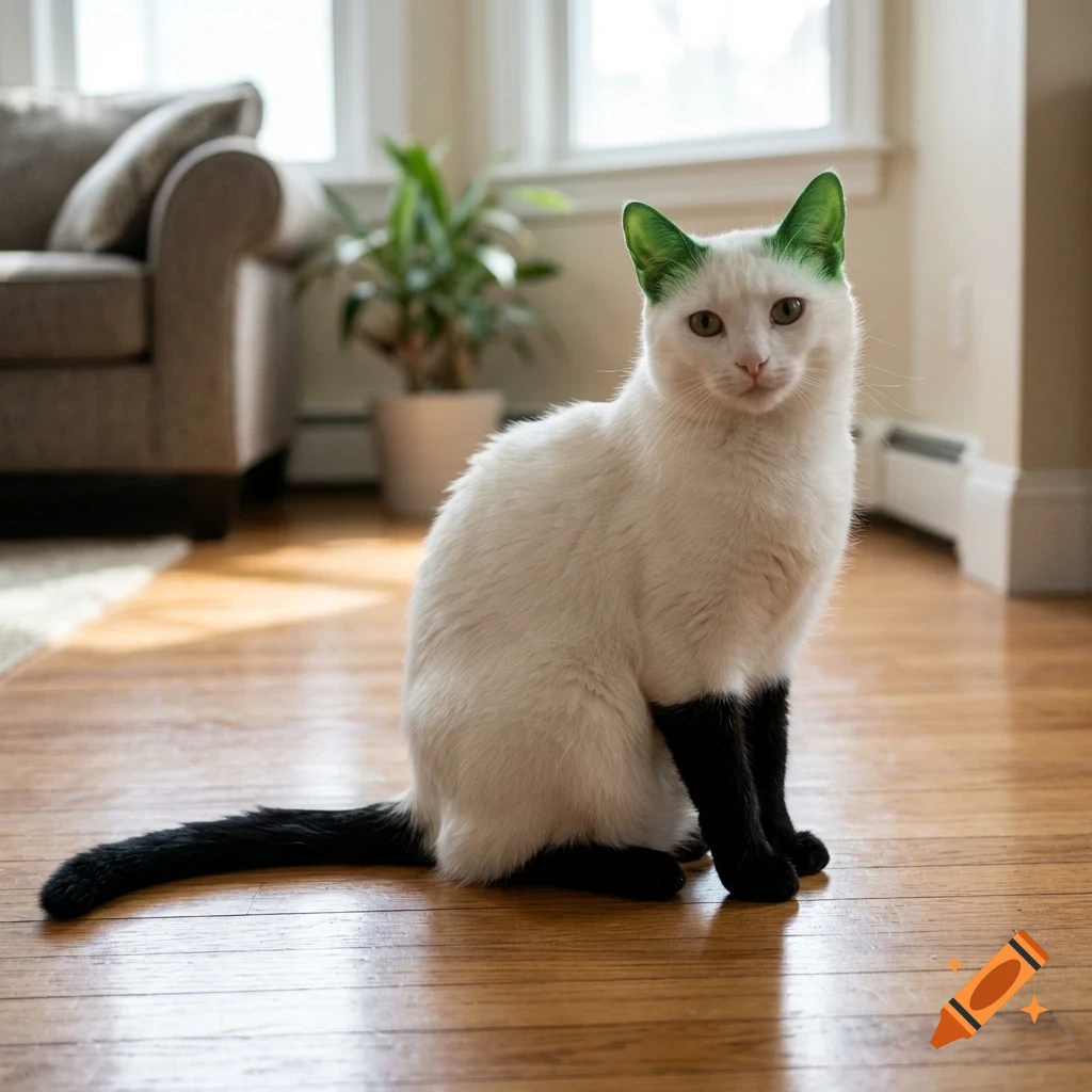A white cat with black legs and green-tinted ears sits on a wooden floor indoors.