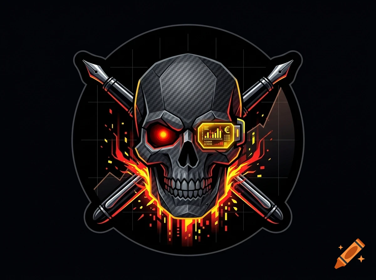 A dark, futuristic robotic skull featuring a glowing red eye, a cybernetic HUD over the other eye, and crossed fountain pens behind it, all surrounded by flames and set against a dark circular background with grid lines.