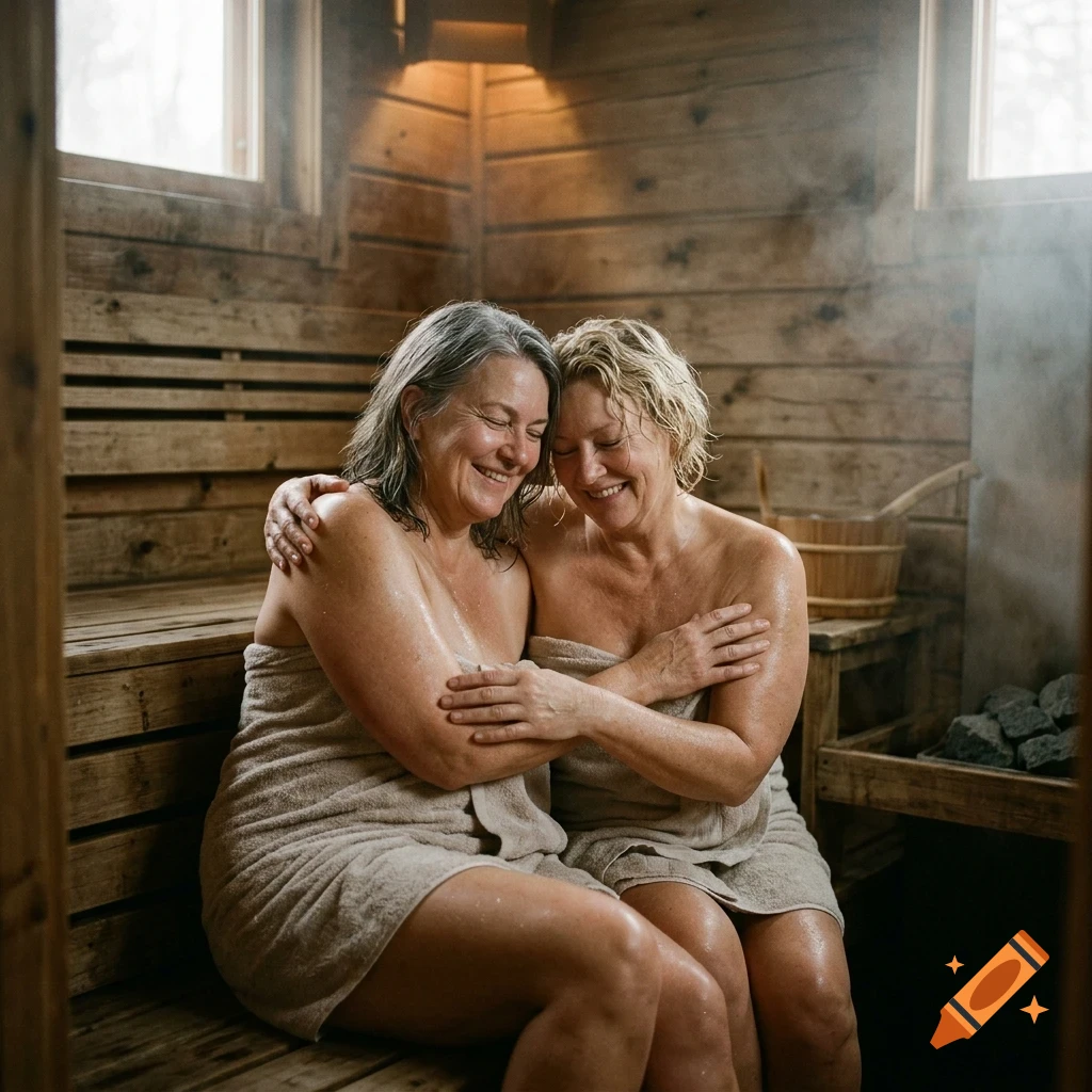 Two mature women wrapped in towels embrace and smile while sitting together inside a wooden sauna.