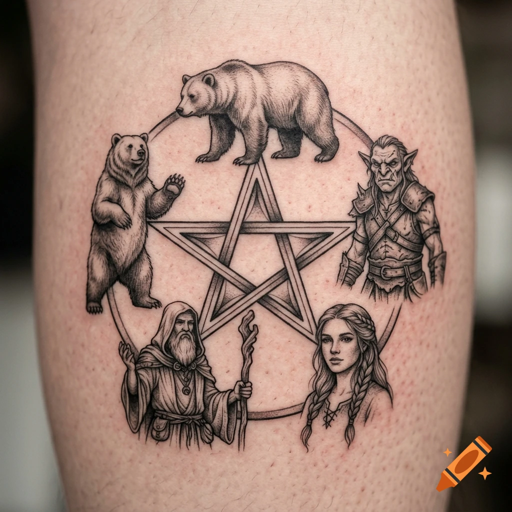Black and grey tattoo on skin showing a pentagram surrounded by two bears, an elf, a wizard, and a human woman.