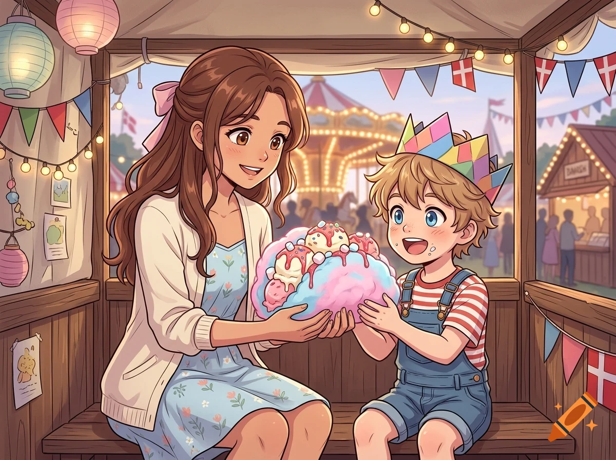 An anime-style illustration of a woman and a young boy holding a large cotton candy treat with ice cream at a carnival.