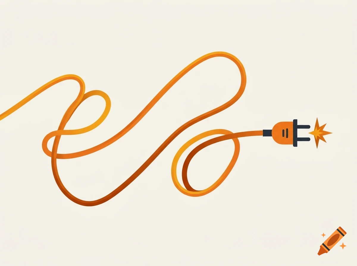 An illustration of a long, coiled orange electrical cord with a plug creating a small spark at the tip against a light background.