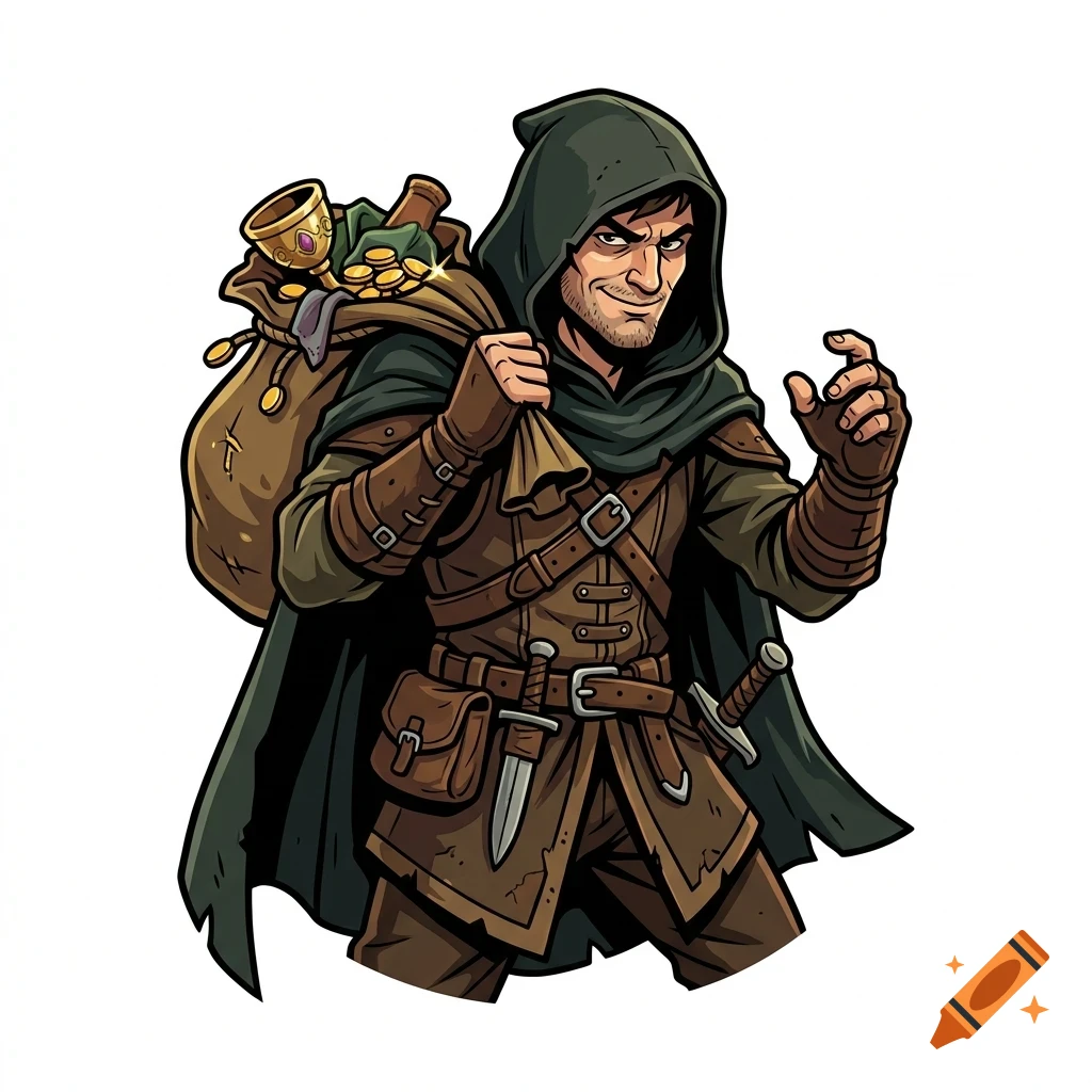 A cunning-looking rogue in a dark green hooded cloak carries a large sack of gold coins and treasure on his back, with daggers sheathed at his belt.