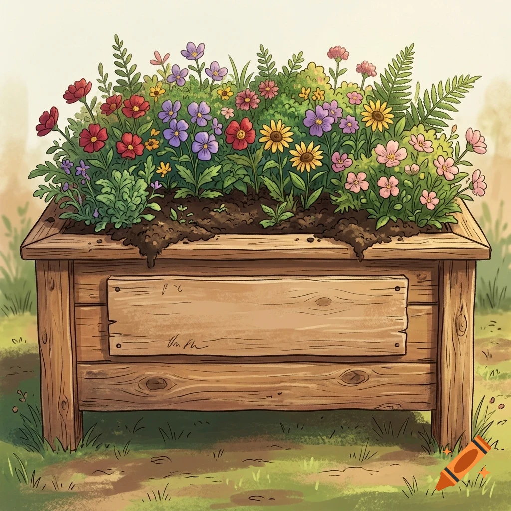 A wooden planter box filled with colorful flowers and green plants in an outdoor setting.