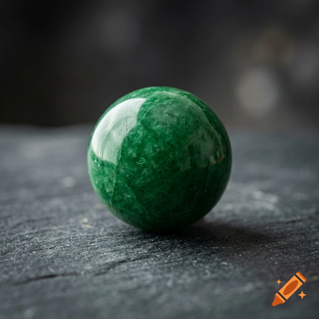 Photorealistic image of a polished emerald green jade sphere resting on a textured dark stone surface.