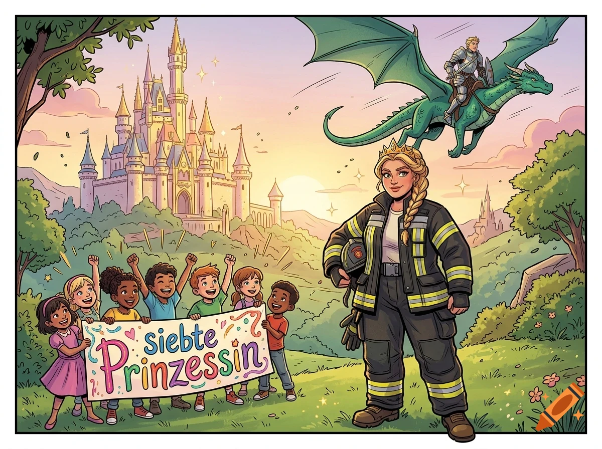 An illustrated scene featuring a princess in firefighter gear standing before a group of cheering children holding a banner, with a castle in the background and a knight riding a green dragon in the sky.