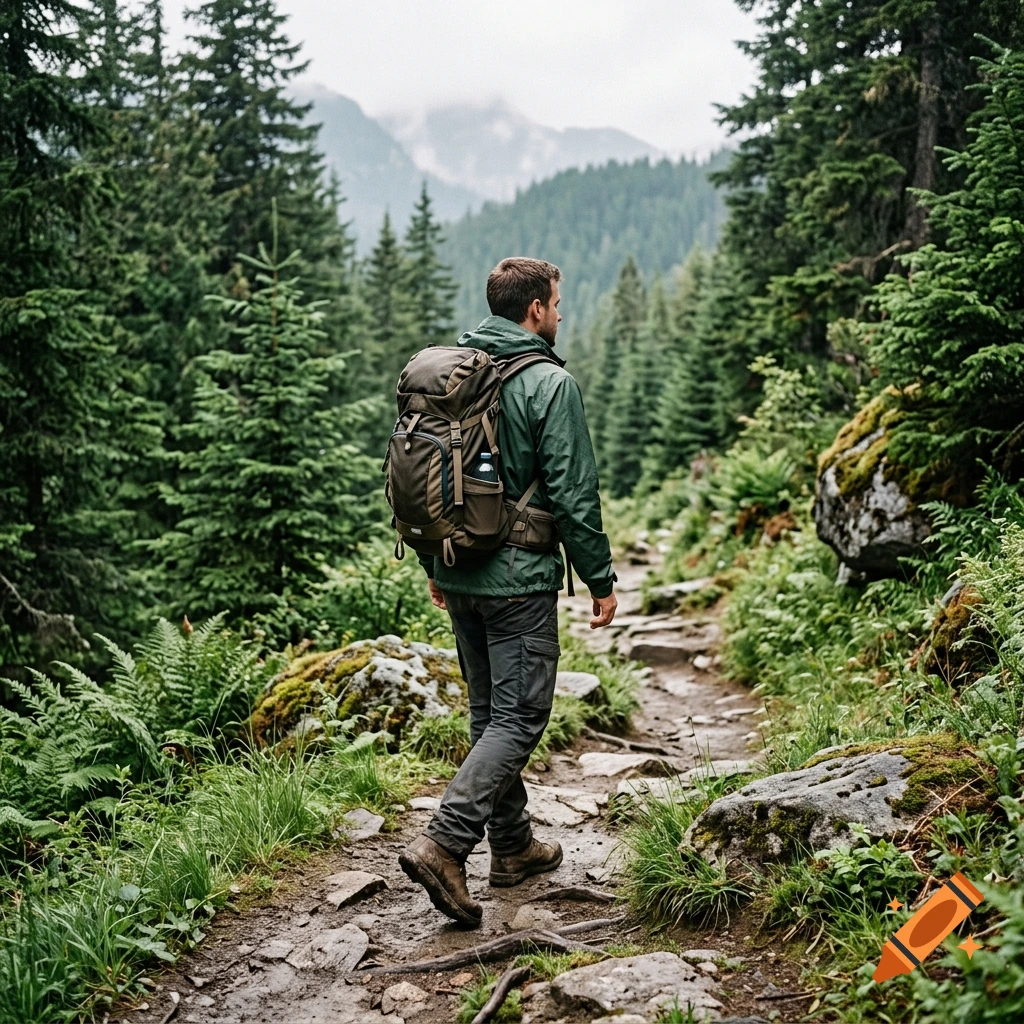 A hiker with a large backpack walking along a rocky mountain trail surrounded by dense pine forests.