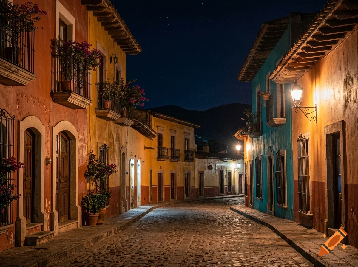 A narrow cobblestone street winds through a historic colonial town at night, flanked by warmly lit, brightly colored buildings with balconies and flower boxes.