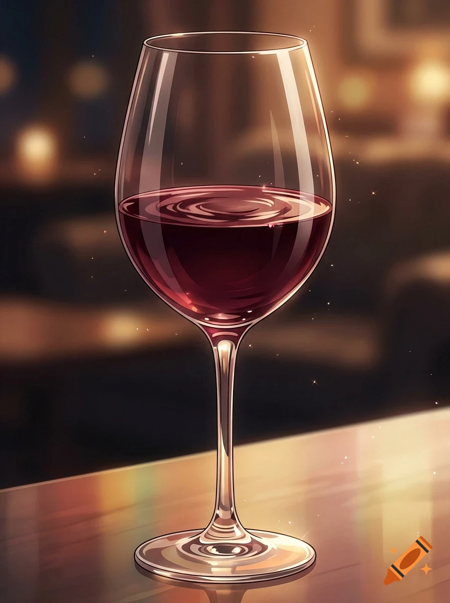 A full glass of red wine sitting on a wooden bar counter.