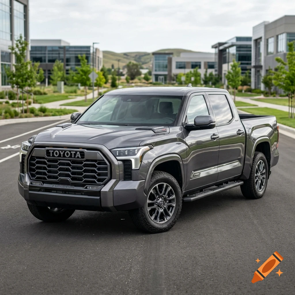 A dark gray Toyota Tundra pickup truck is parked on an asphalt road in an office park.
