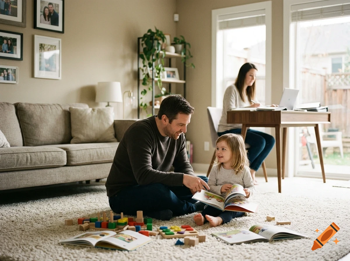 A father and young child sit on a living room carpet reading together, while a woman works on a laptop at a desk in the background.