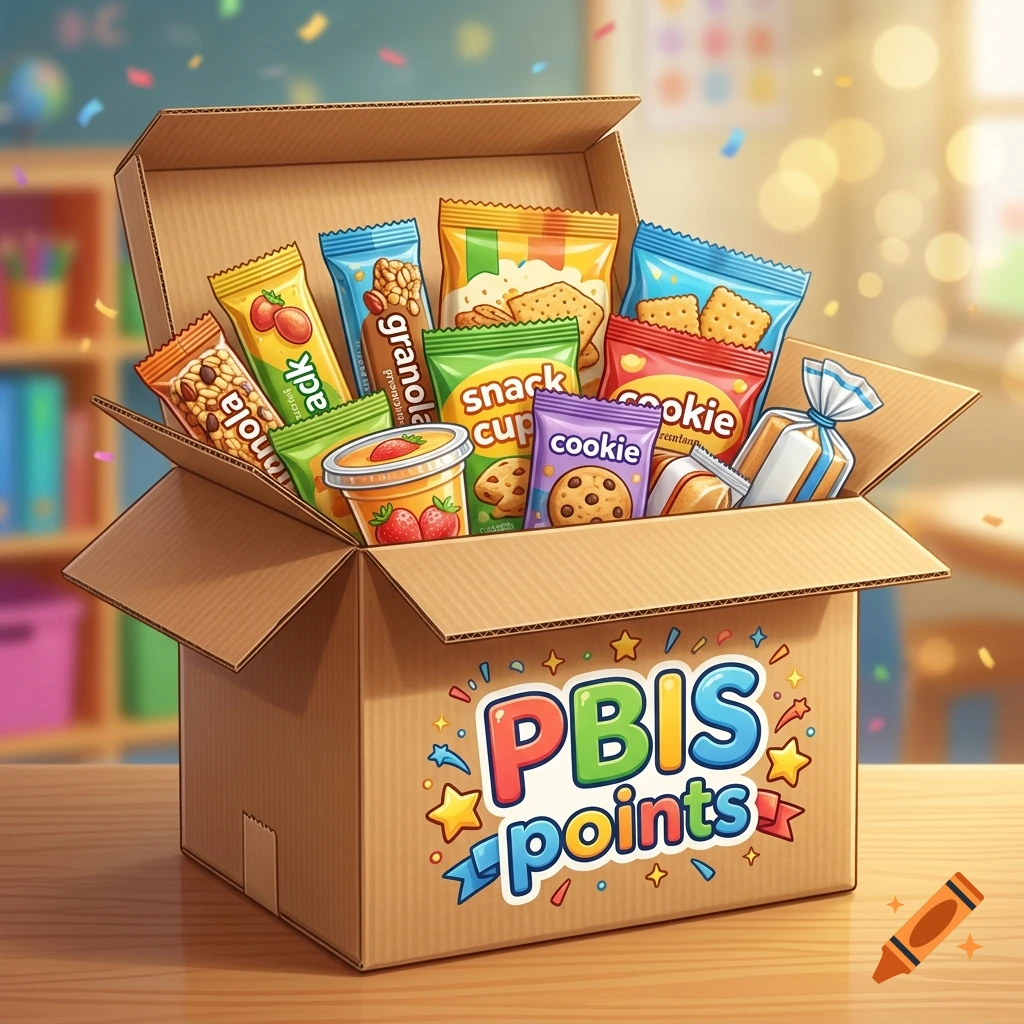 An open cardboard box filled with various snack packages and a cup, featuring the text 'PBIS points' on the front in a classroom setting.