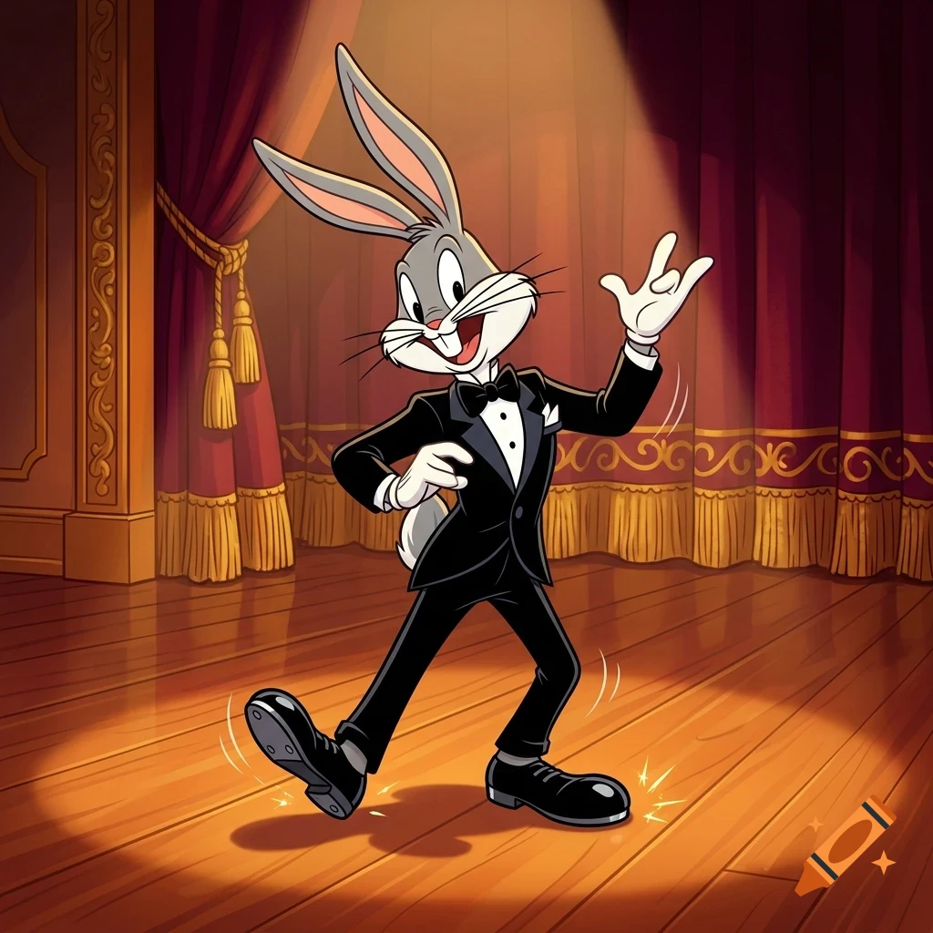 Bugs Bunny wearing a tuxedo tap-dances on a wooden stage under a spotlight in front of red curtains.