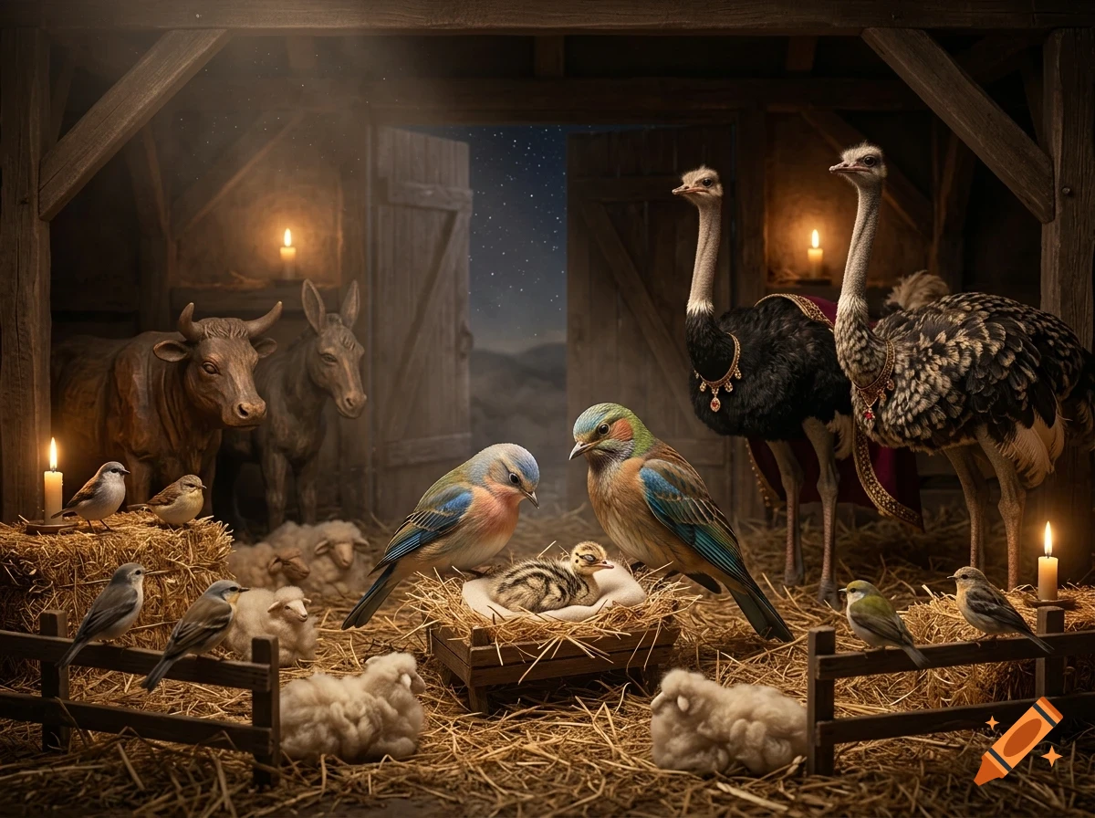 A rustic barn scene at night with various birds, sheep, an ox, a donkey, and ostriches gathered around a small nest with a baby bird.