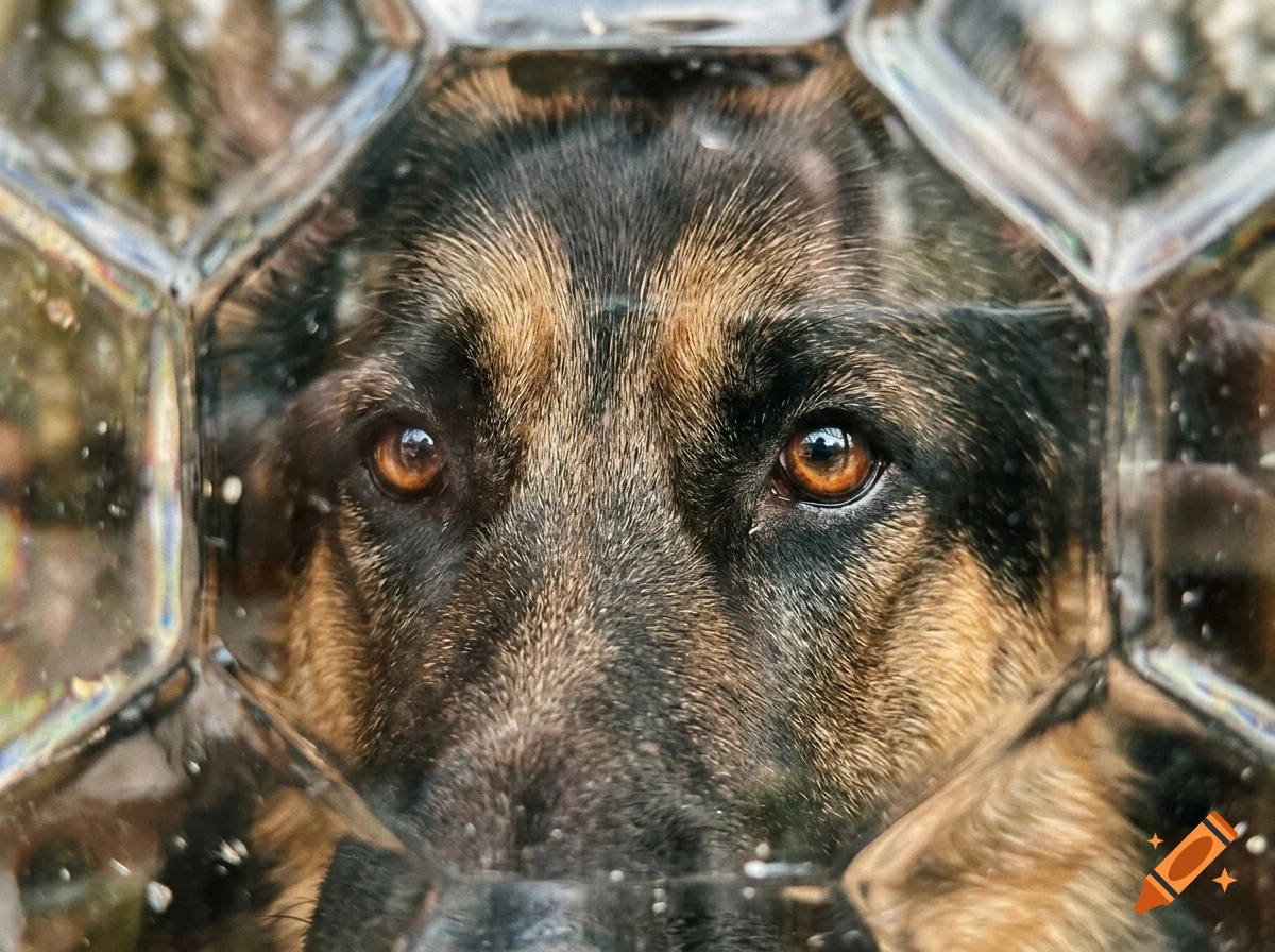 Close-up portrait of a German Shepherd looking through a faceted glass structure.