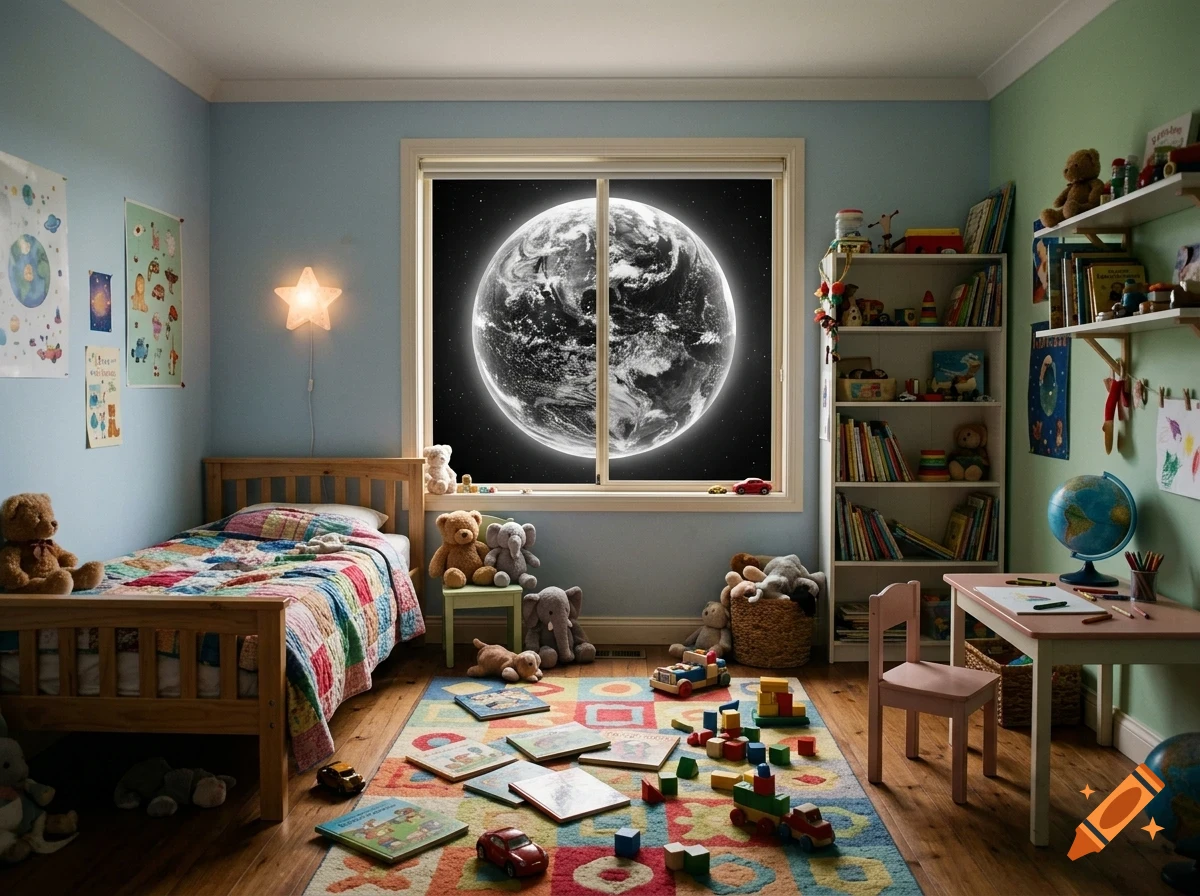A child's bedroom with a bed, bookshelf, toys on the floor, and a large window showing a view of the Earth from space.