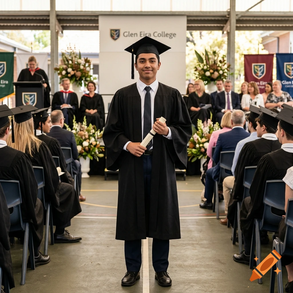 Photorealistic image of a male student standing proudly in graduation gown and cap holding his diploma scroll during a ceremony.