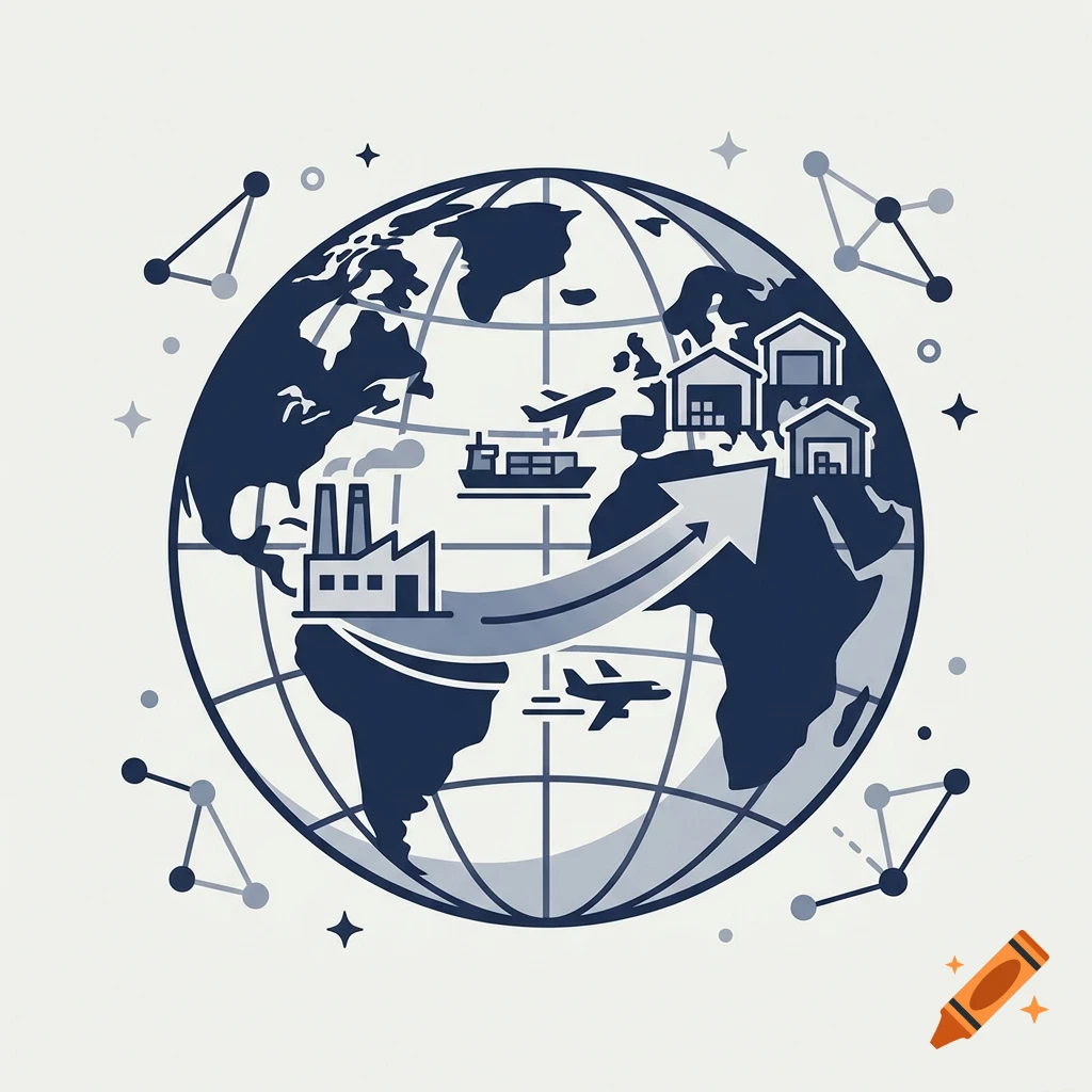 A stylized globe illustration showing global trade, logistics, factories, warehouses, ships, and airplanes connecting different continents.
