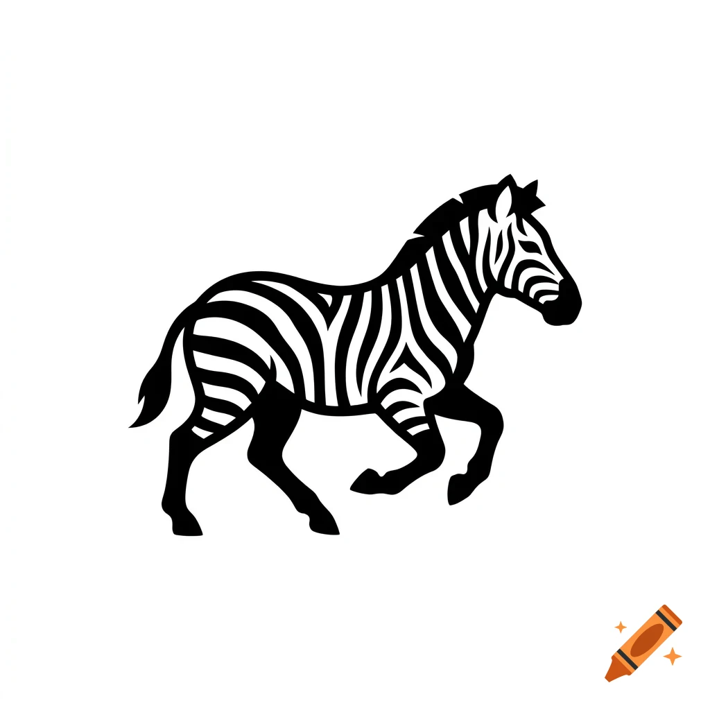 A black and white graphic silhouette of a running zebra.
