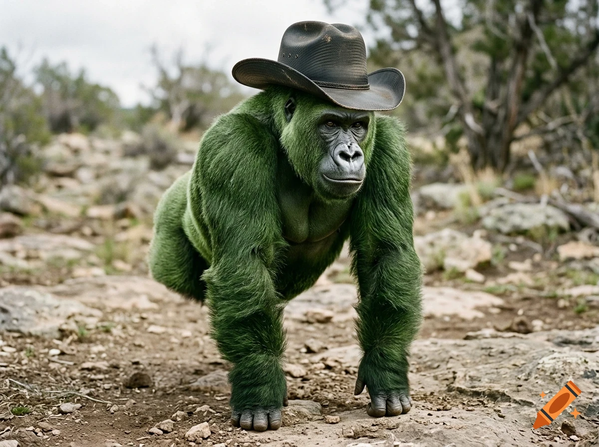 A large green gorilla wearing a cowboy hat stands on rocky ground outdoors.