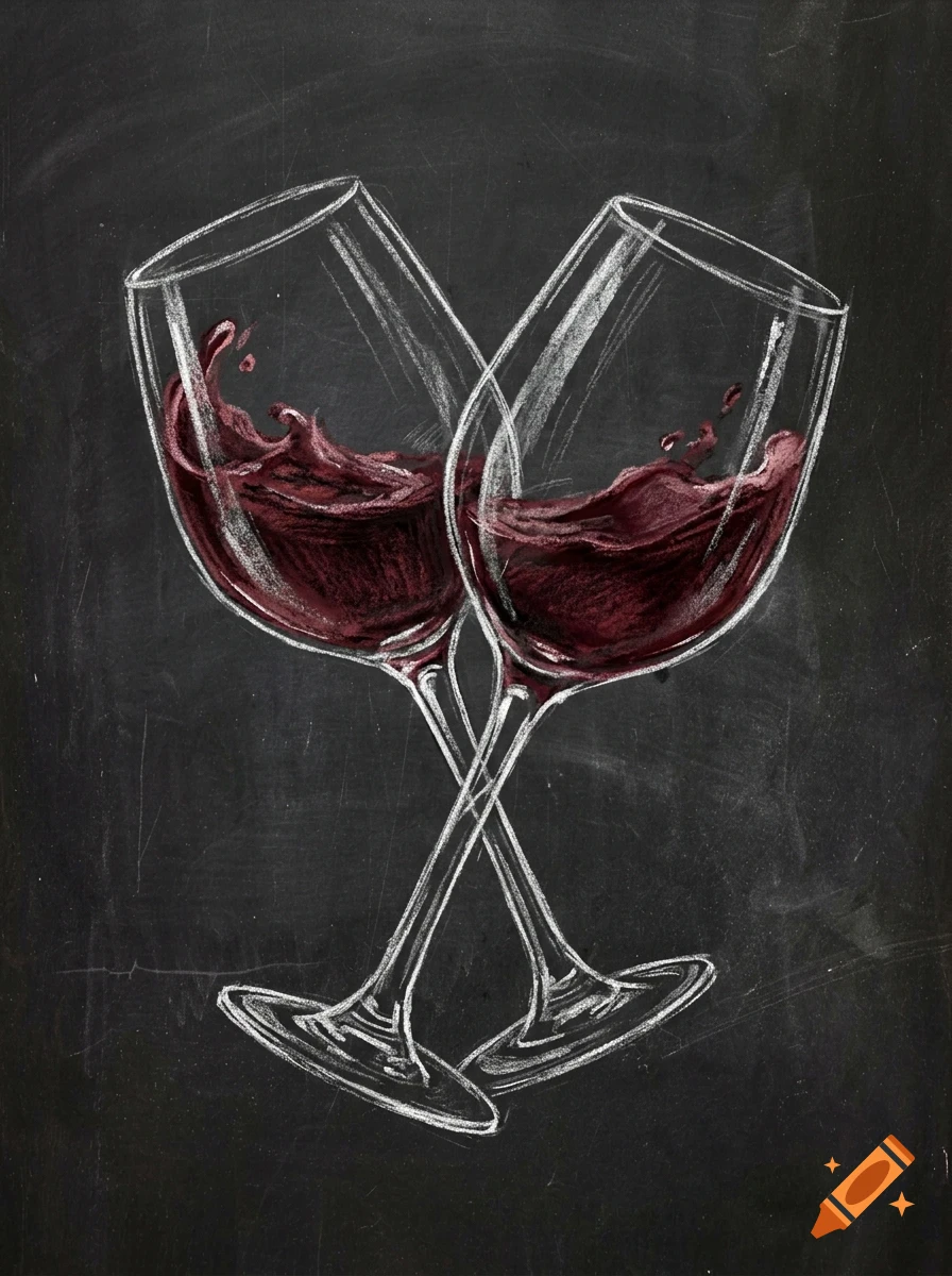 Chalkboard illustration of two wine glasses clinking together with splashing red wine inside.
