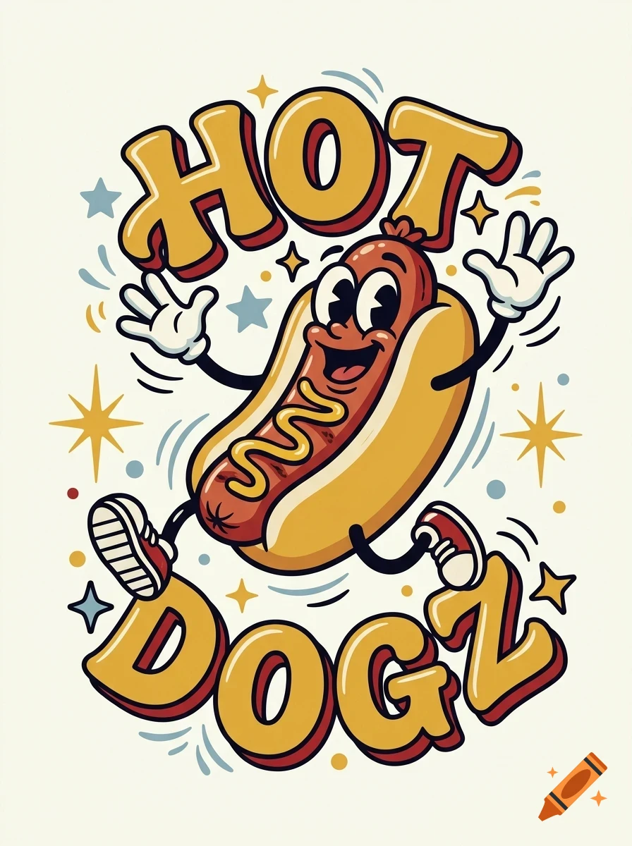 Retro cartoon illustration of a cheerful, anthropomorphic hot dog jumping with the text 'HOT DOGZ' surrounding it.