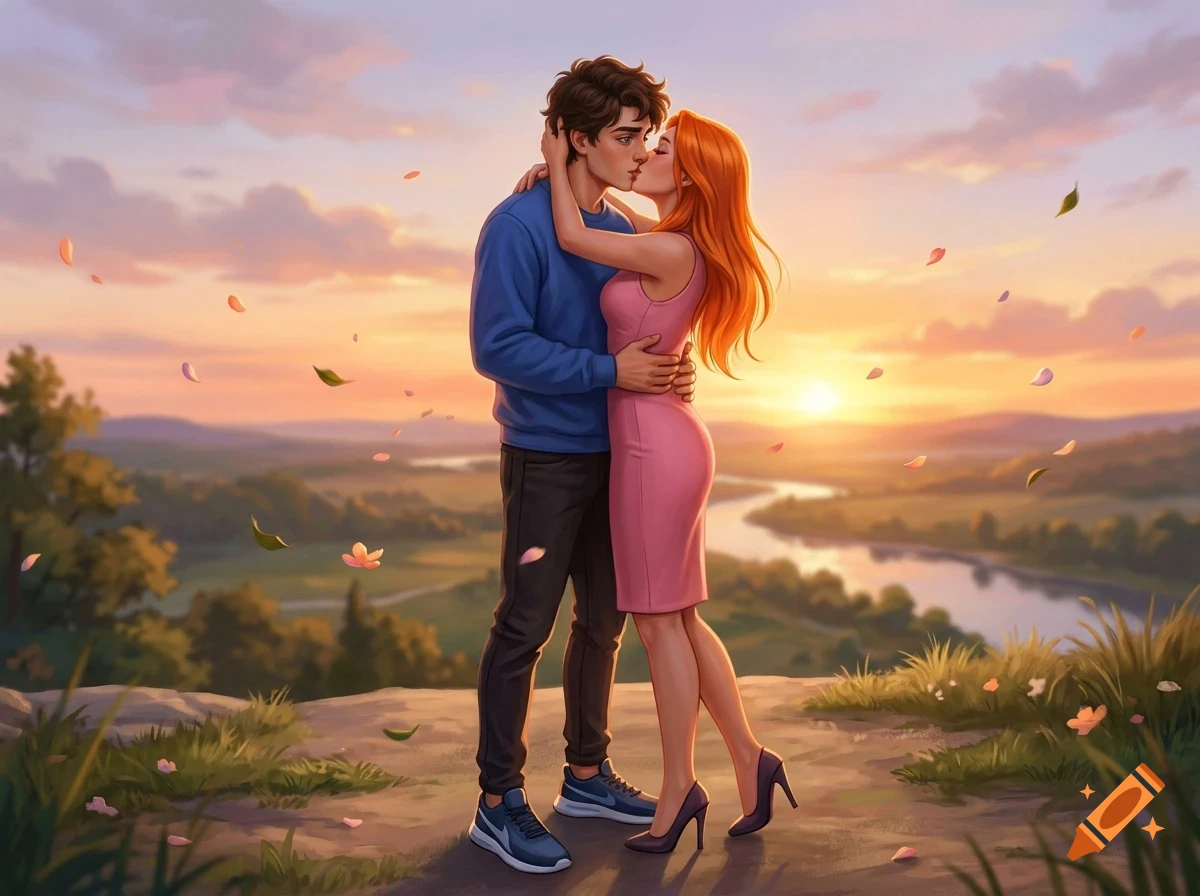 An illustration of a young couple kissing outdoors on a hill at sunset, with a river and valley in the background.