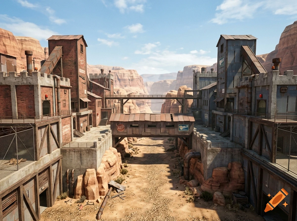 An expansive outdoor canyon scene featuring industrial buildings and connecting bridges across a dry terrain under a blue sky.