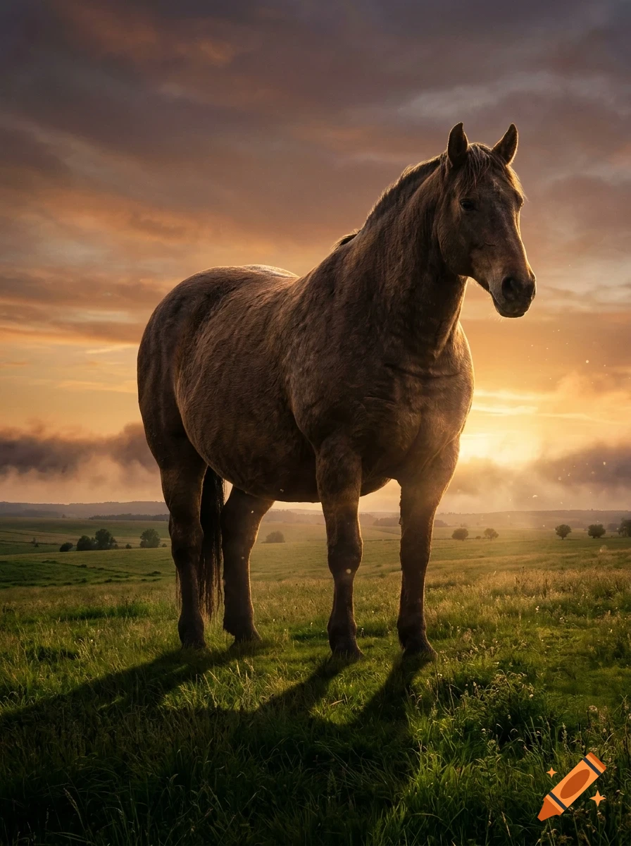 A sturdy horse standing in a grassy meadow at sunset.