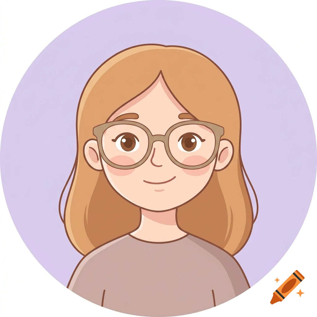 Simple digital illustration of a young girl with brown hair and glasses in a circular purple frame.