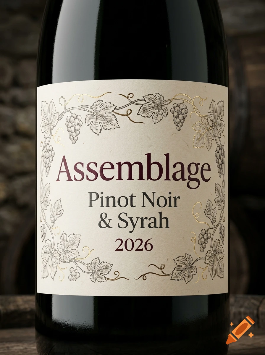 Close-up photorealistic shot of a wine bottle with a cream-colored label featuring the text 'Assemblage Pinot Noir & Syrah 2026' and botanical illustrations of grapes and vine leaves.