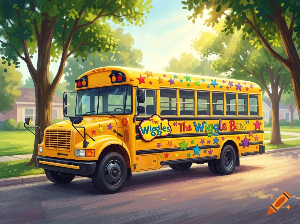 A yellow school bus decorated with colorful stars and the text The Wiggle Bus parked on a sunny suburban street.
