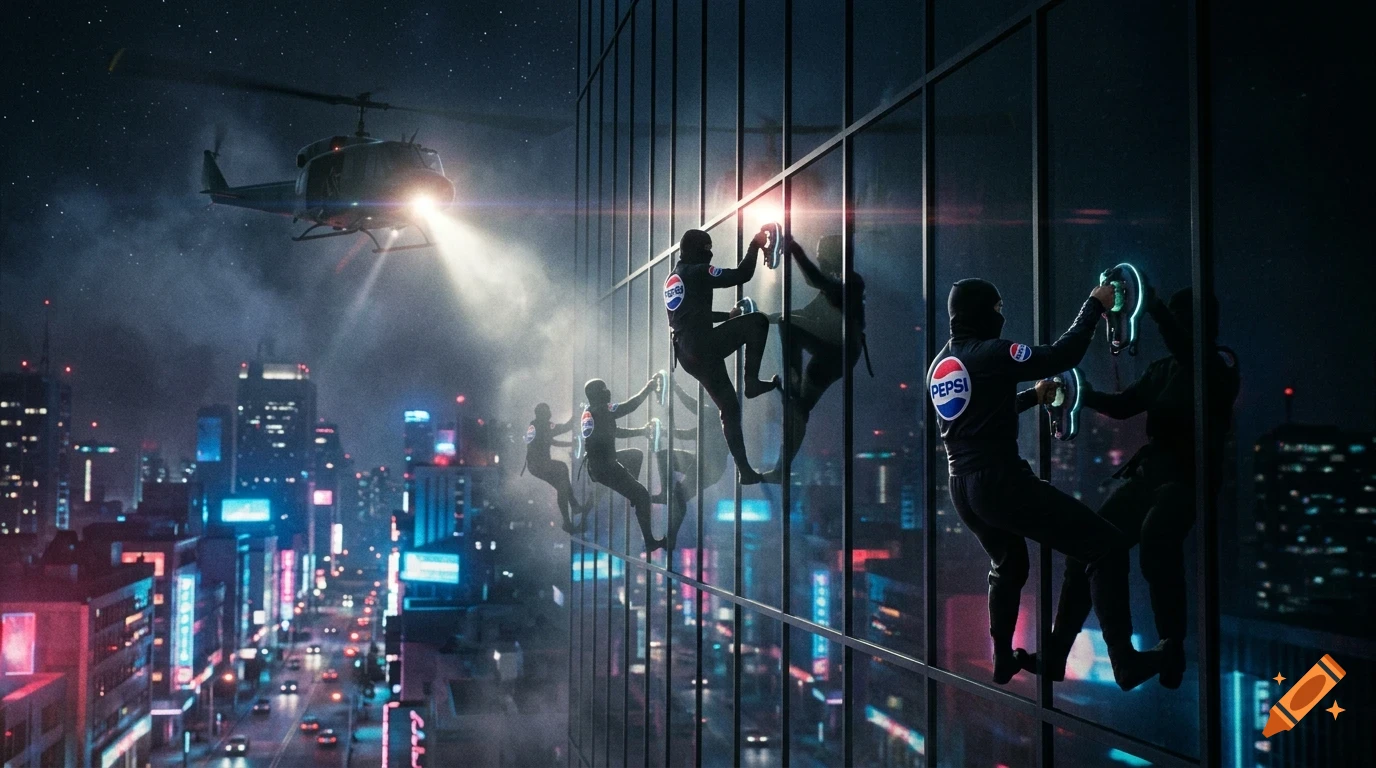 People in black jumpsuits with Pepsi logos climb the glass exterior of a high-rise building at night while a helicopter flies overhead in a lit city skyline.