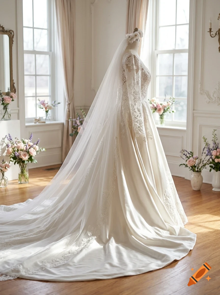 A white wedding dress with a long veil on a mannequin in a bright room with flowers.