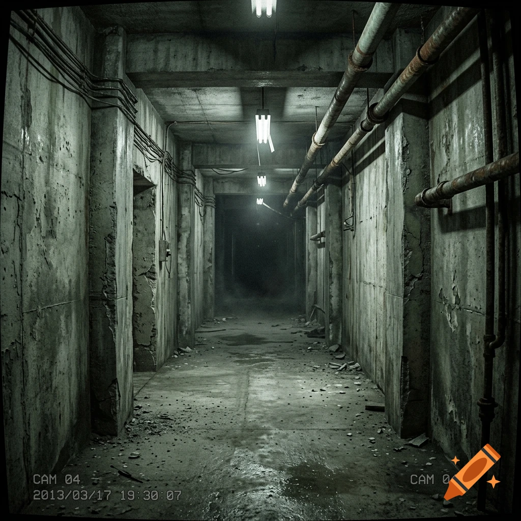 Security footage of a dark, concrete underground bunker hallway with pipes and dim lights.