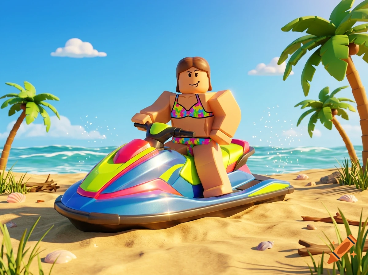 3D render of a Roblox character in a colorful bikini riding a jet ski on a sunny beach with palm trees.