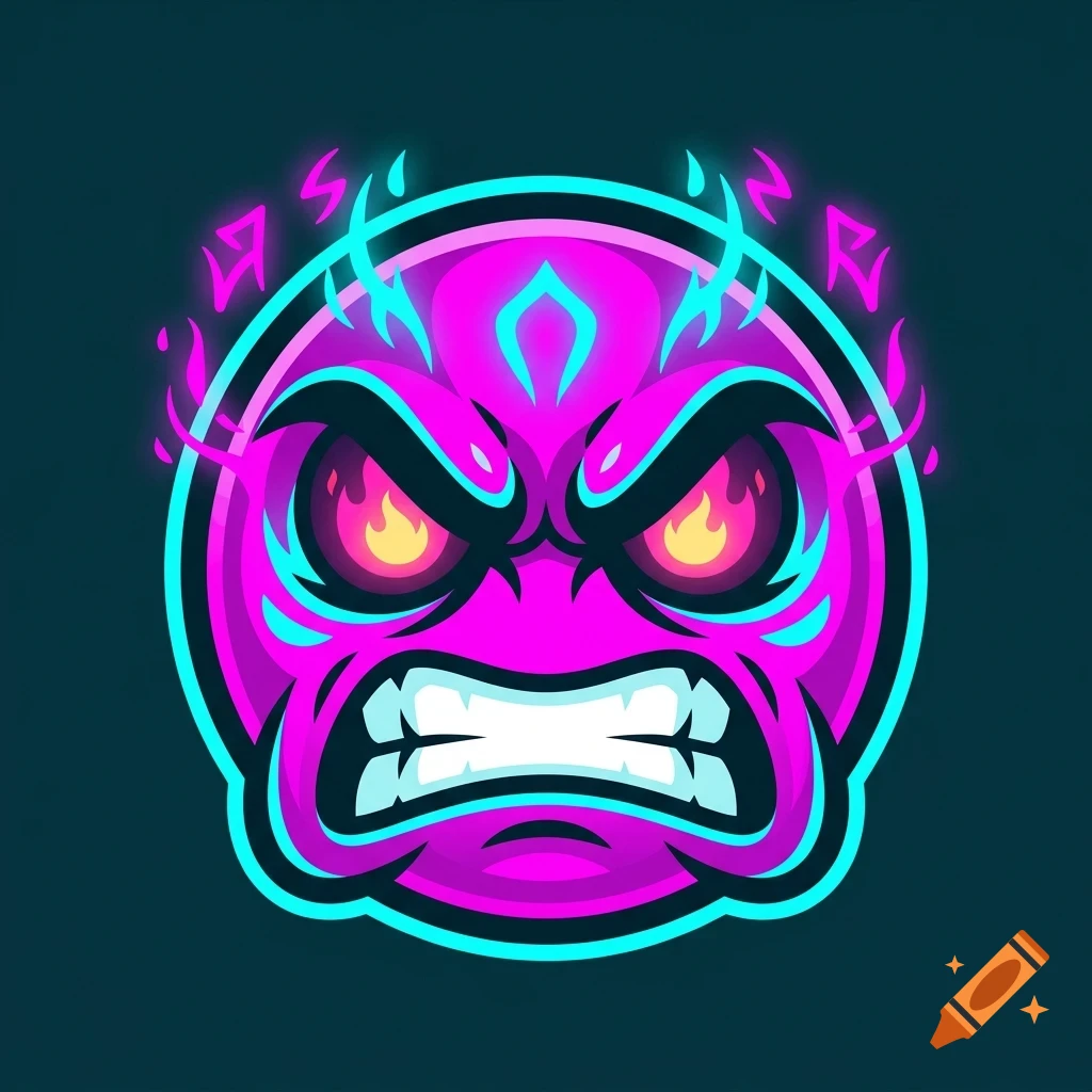 An angry purple circular character logo with glowing cyan outlines, fiery eyes, and menacing expression.
