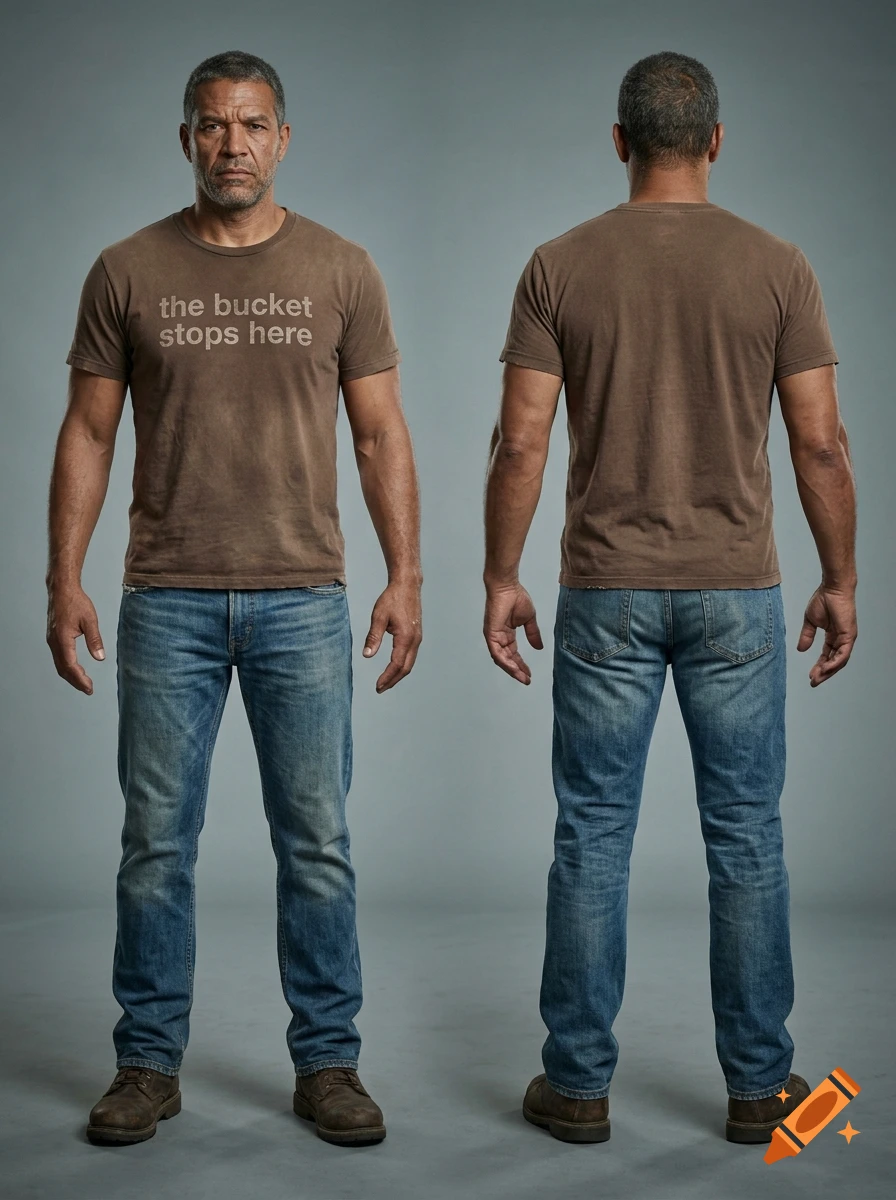 Photorealistic full-length front and back view of a muscular man wearing a brown t-shirt with text and blue jeans.