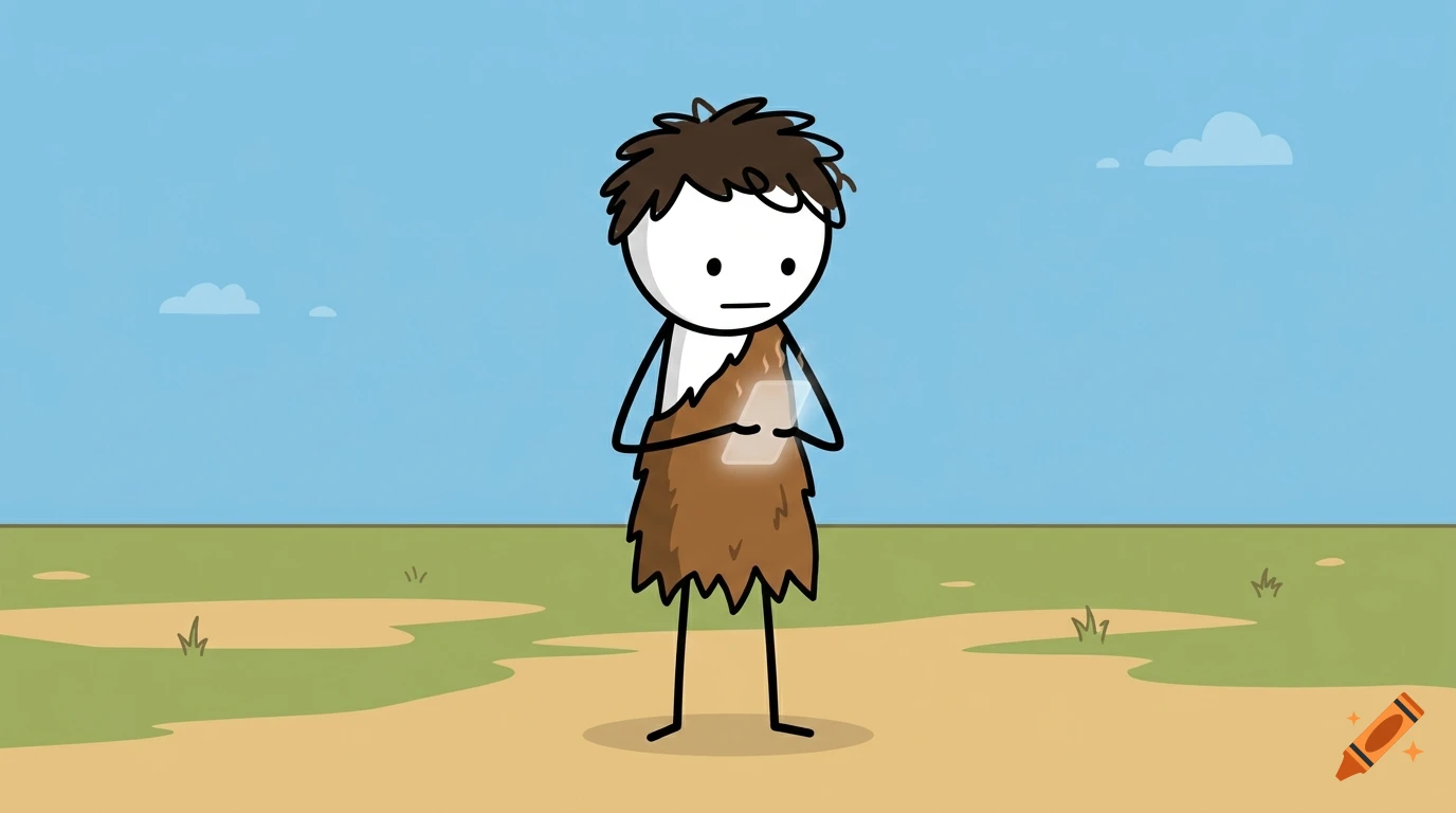 2D vector illustration of a stick-figure caveman wearing a fur pelt while looking down at a glowing phone in an open field.