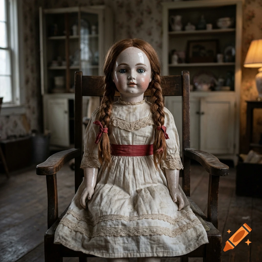 An antique porcelain doll with red braided hair and a vintage dress sitting in a wooden armchair inside a rustic room.