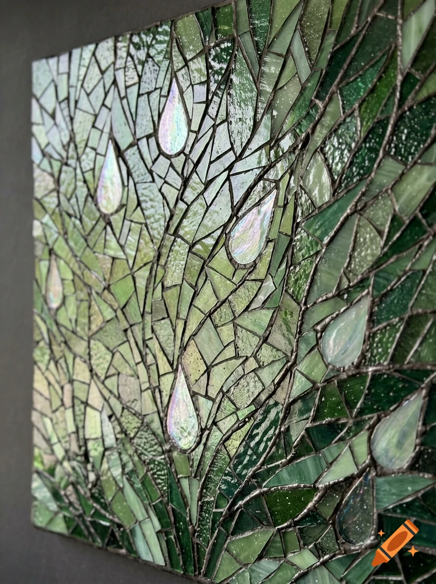 An intricate green stained glass mosaic artwork featuring teardrop shapes, displayed at an angle.