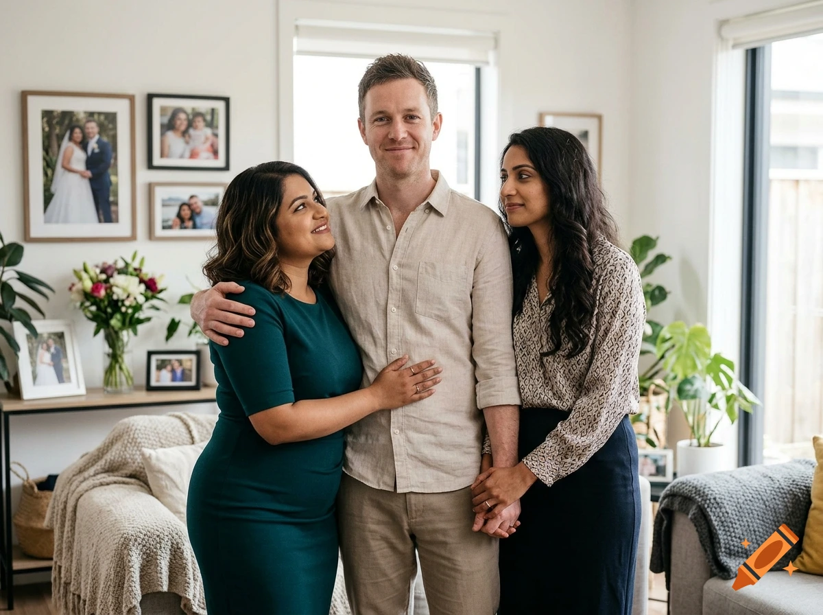 Photorealistic indoor portrait of a man standing between two women in a bright living room, embracing and smiling.