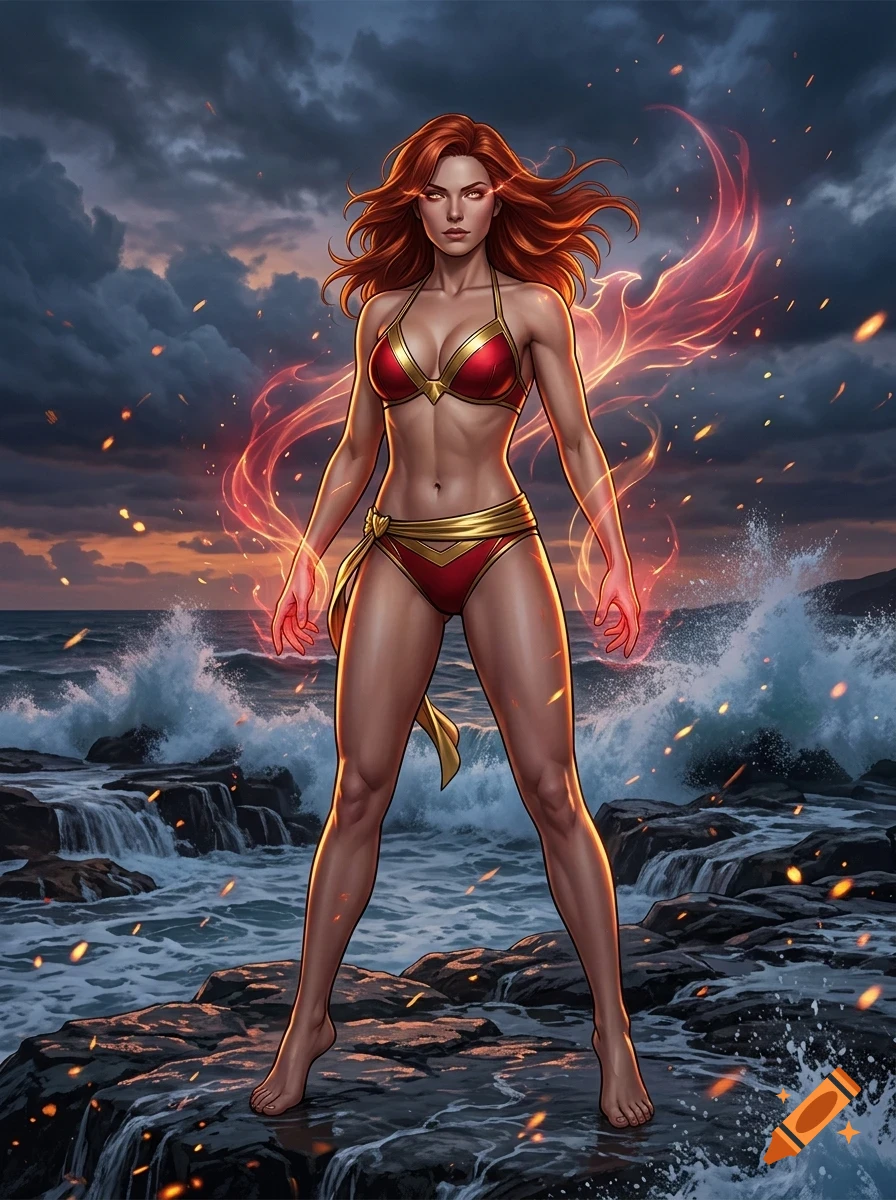 A powerful red-haired woman standing on a rocky shore by the ocean, surrounded by swirling flames and a glowing phoenix silhouette under a dramatic stormy sky.