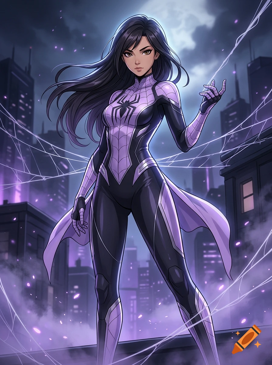 Anime style illustration of a slender Asian woman in a black and lilac spider suit standing on a rooftop against a cityscape.