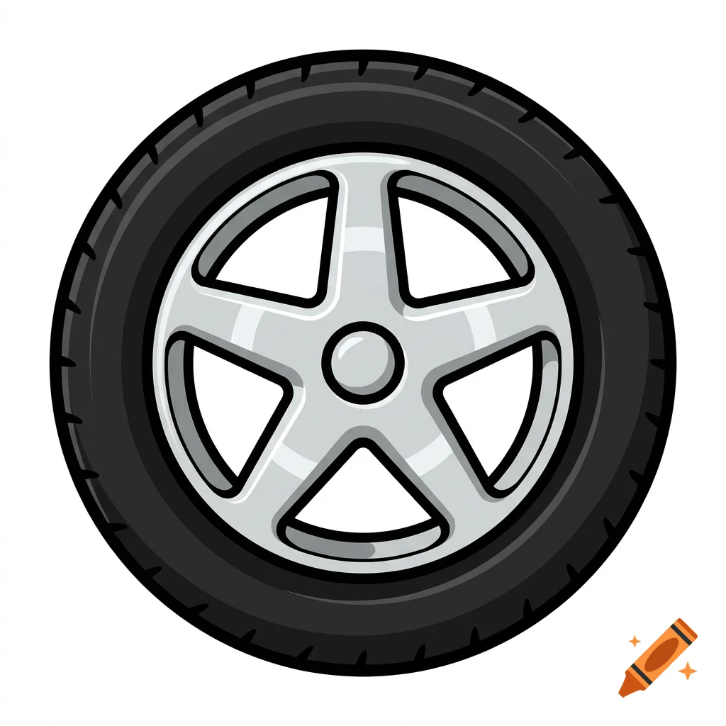 Illustration of a car wheel with a black tire and silver five-spoke rim.