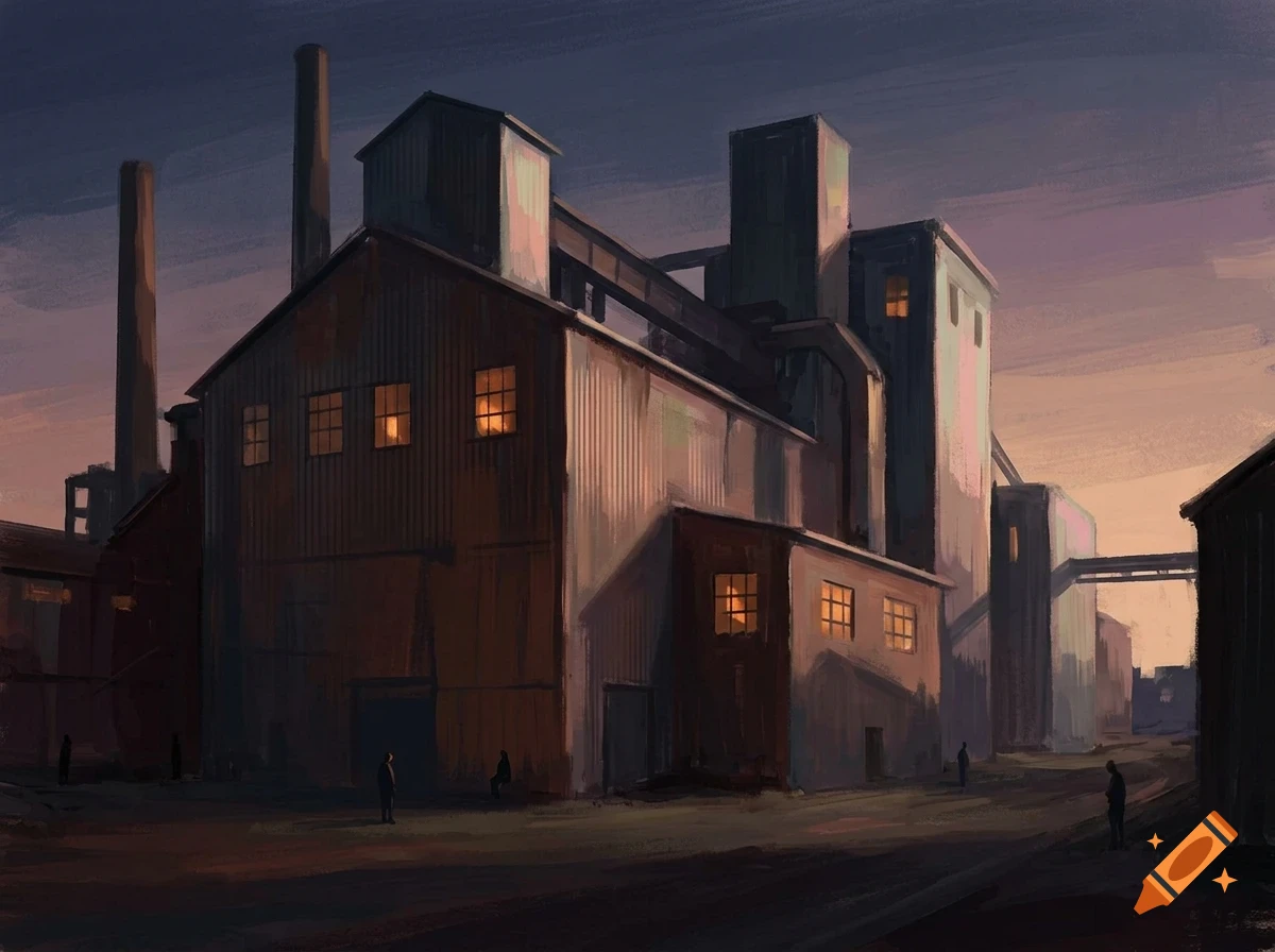 An industrial factory complex at dusk with tall chimneys, glowing windows, and several small figures standing outside.