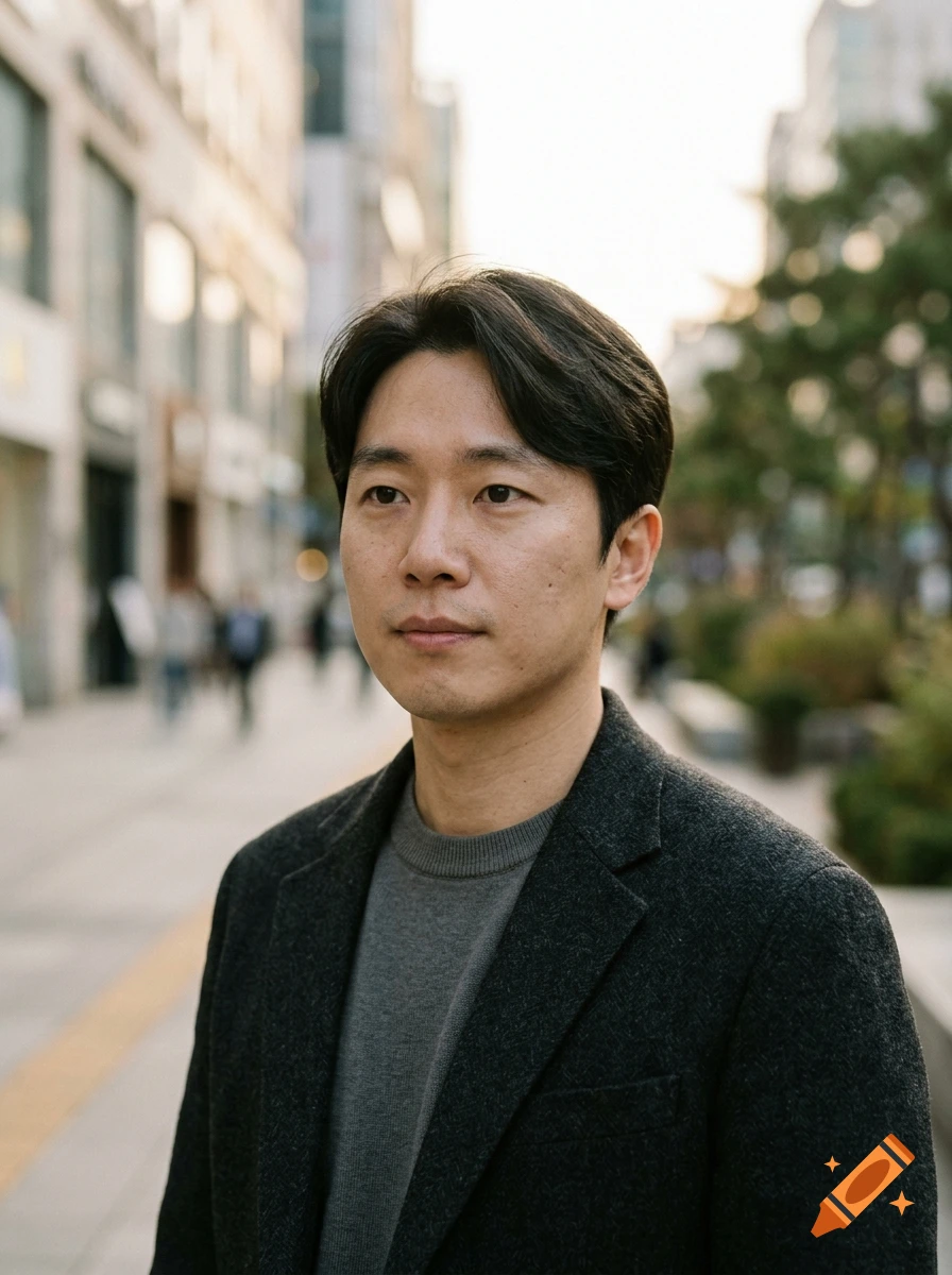 Photorealistic portrait of a middle-aged Asian man with dark hair in a gray sweater and dark blazer on a city street.
