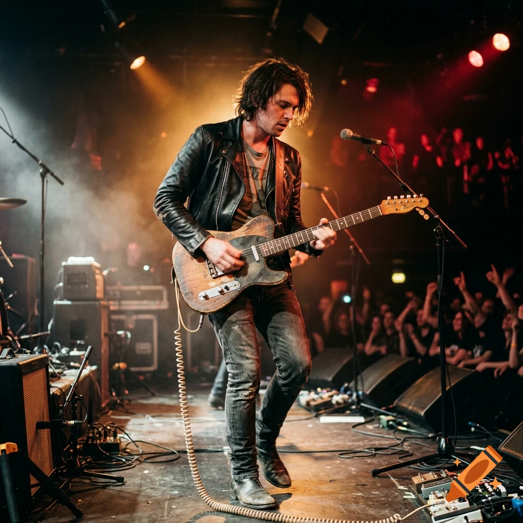 A male rock guitarist with dark hair performing on a stage under warm stage lights, surrounded by an enthusiastic crowd.